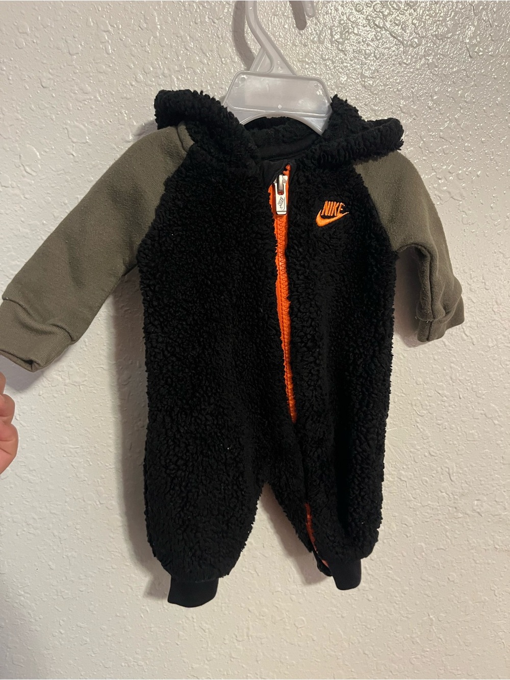 Nike Black Sherpa One-Piece with Olive Sleeves and Orange Trim - Kids